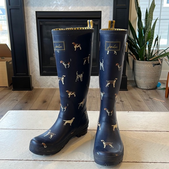 Joules Shoes - Joules Women's Navy Dog Print & Gold Rubber Welly Rain Boot, 7